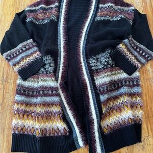 Knox Rose Open Cardigan Sweater XL Boho Black Multicolor Eyelash Fuzzy Long